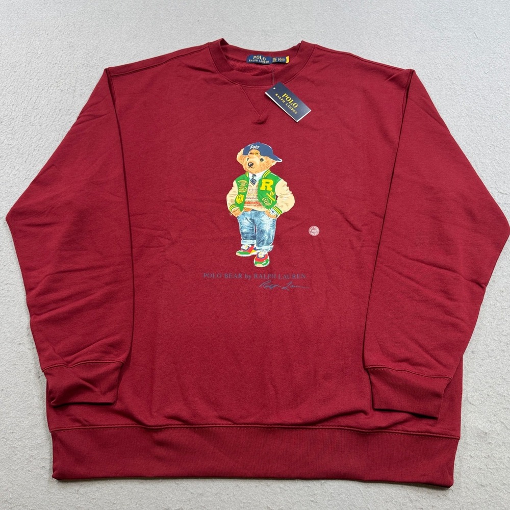 NEW Polo Ralph Lauren Sweatshirt Men's 2XLT Burgundy Polo Bear Varsity Pullover